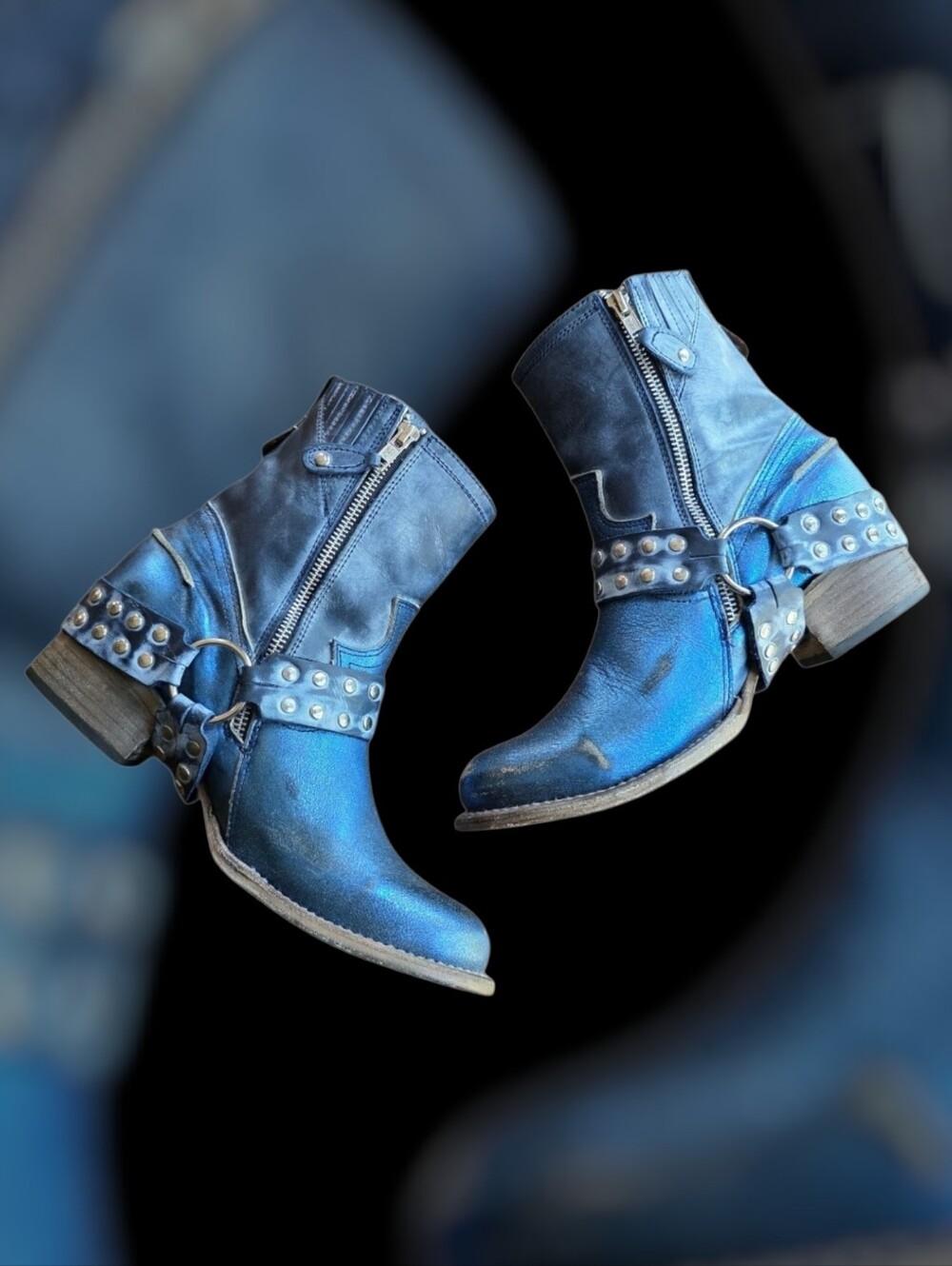 Freebird By Steven Metallic Blue Leather Harness Ramone Boots - Picture 2 of 11